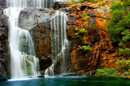 Rocks waterfall - calm, quiet, cascades, stream, lake, nice, place, falling, greenery, trees, water, beautiful, pond, lovely, fall, nature, waterfall, serenity, rocks, silent