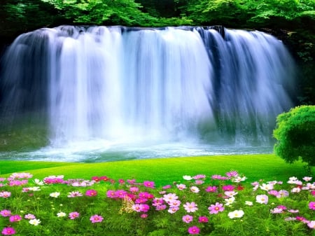 Paradise falls - pretty, quiet, summer, meadow, spring, forest, calmness, flowers, field, paradise, nice, place, falling, greenery, carpet, trees, water, beautiful, photoshop, lovely, freshness, fall, nature, waterfall, serenity