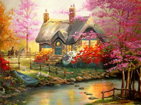 Countryside cottage - nice, cottage, trees, peaceful, creek, spring, painting, art, quiet, reflection, calmness, river, house, bridge, light, shore, lovely, serenity, nature, village, beautiful, cabin