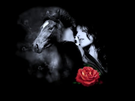 In the dark night - woman, horse, image, color, wallpaper, rose, new, expression