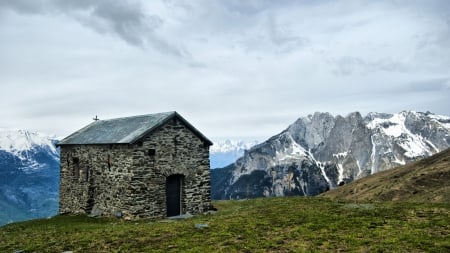 fantastic stone chapel in the mountains - chapel, meadow, stone, mountains