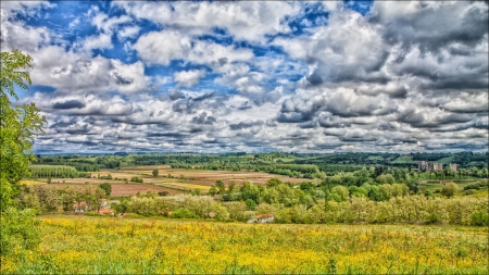 superb view of a valley hdr - farms, clouds, valley, fields, castle, hdr