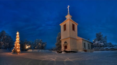 lonesome church at christmas - x-mas, lights, night, church, tree