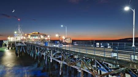 wonderful pier at night - moon, store, sea, night, pier