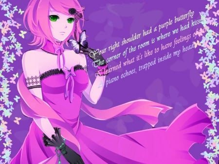 ~Purple Butterfly~ - short hair, purple butterfly, pretty, anime, girl, bows, green eyes, pink dress