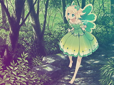 ~Forest Fairy~ - wings, forest, fantasy, pretty, barefoot, fairy, anime, dress