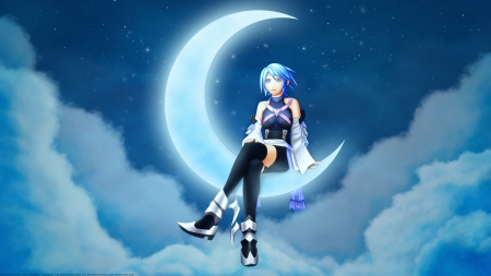 ~Aqua~ - square enix, video game, aqua, girl, night, kingdom heart birth by sleep, sky, clouds, cresent, heroine, moon