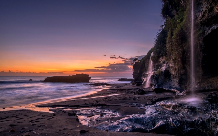 Waterfalls,Beach and Sunset in One Picture - nature, beach, sunset, waterfall