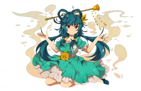 ~Seiga Kaku~ - flowers, Seiga Kaku, anime, touhou, blue hair, dress, long hair, red eyes