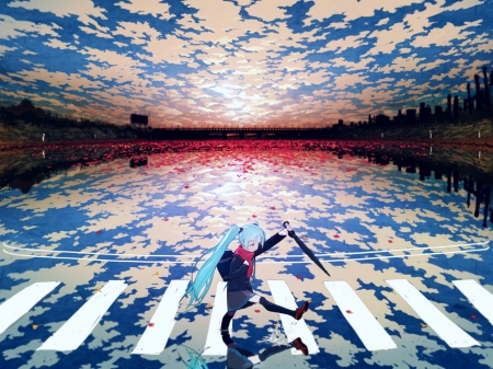 Walking Through Water - clouds, anime, vocaloid, water, hatsune miku, city, reflection, umbrella, blue hair, ponytails, sky