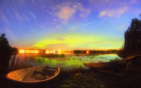 ♥Aurora Magical♥ - clouds, creative pre-made, beautiful, photography, night, magical, stunning, Finland, boats, aurora, nature, landscapes, weather, lakes, sky