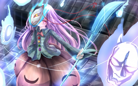 Hata no Kokoro - purple eyes, hata no kokoro, lights, anime, anime girl, purple hair, art, touhou project, ribbon, long hair, ghost, magic, masks, weapon