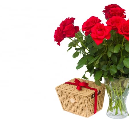 * Roses and gift * - vase, roses, red roses, bouquet, flowers, red, ribbon, box, gift