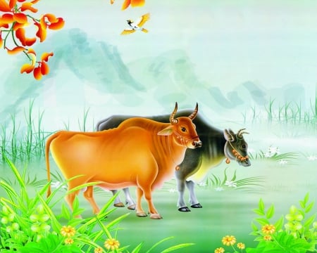 Cows - vector arts, grass, animals, cows