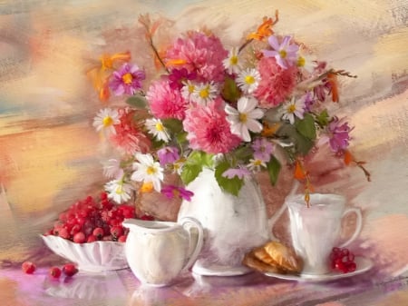 Still life - pretty, flowers, nice, fruits, art, vase, delicate, beautiful, coffee, tea, morning, lovely, freshness, still life, bouquet, berries, time, painting, tender, cup