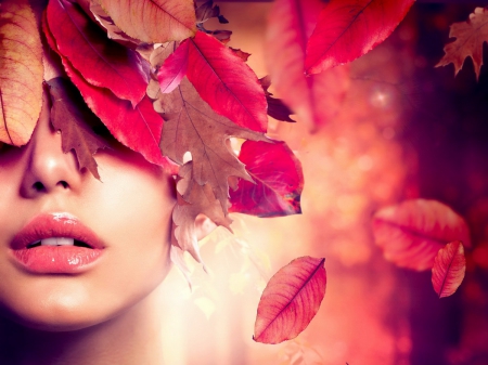 Autumn lady - woman, nice, autumn, model, foliage, face, fall, lady, falling, girl, lovely, nature, forest, covered, red, beautiful, leaves