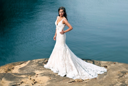 Bride - bride, white, woman, dress, sea, brunette