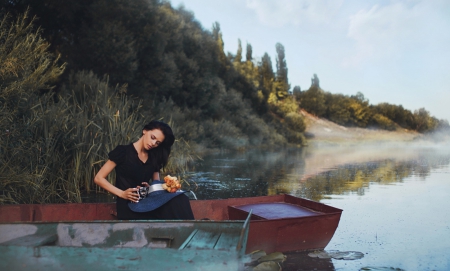 Blue Hat - woman, lake, hat, blue, model, boat