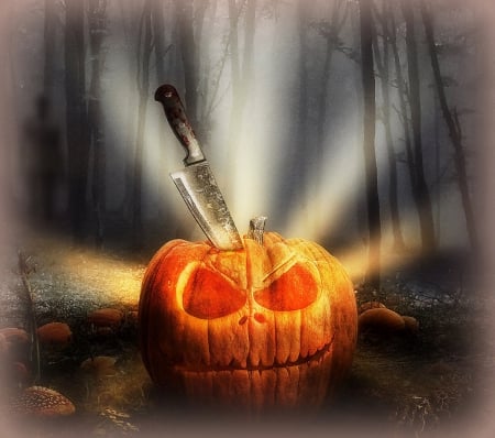 ~BACKSLASH~ - creative pre-made, digital art, weird things people wear, pumpkin, photomanipulation, dark, backslash, fantasy, spooky, forests, knife, halloween, mushrooms, rays light, creepy