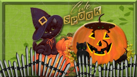 Too Cute to Spook - halloween, happy halloween, pumpkins, jack o lanterns, spook, black cats, orange