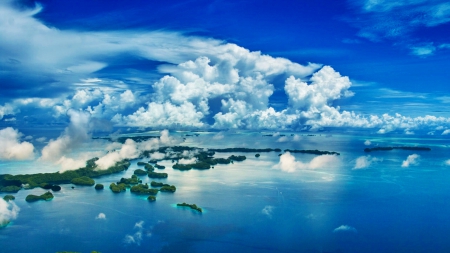 CLOUDS OVER PALAU - islands, skies, Pacific ocean, water, blue, green, landscape