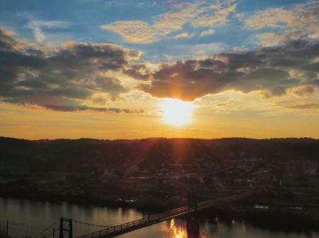 Sunset Over The River - clouds, sunset, nature, architecture, bridge