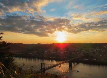 River Sunset Over The Bridge - nature, sky, clouds, sunset, bridge