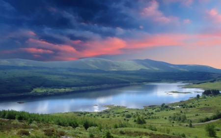 The Loch - fields, sky, abstract, river