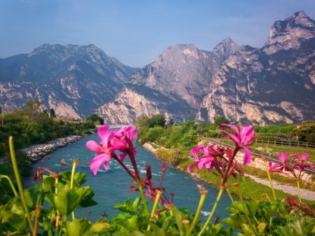 Mountain river view - nice, sky, mountain, riverbank, water, summer, shore, lovely, rocks, nature, village, view, river, beautiful, flowers, cliffs