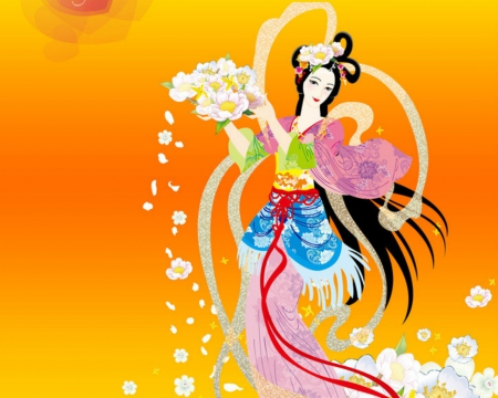 Oriental beauty - flowers, oriental, woman, art