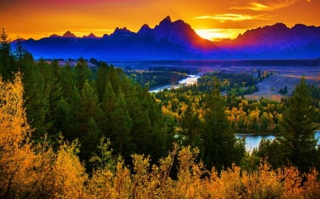 Snake River, Grand Teton National Park - Mountains, fall, trees, sunset, autumn, colors, sky, leaves