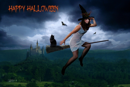 Happy Halloween - witch, halloween, castle, broom