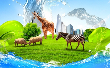 Animals in the city - zebra, giraffes, grass, city, animals