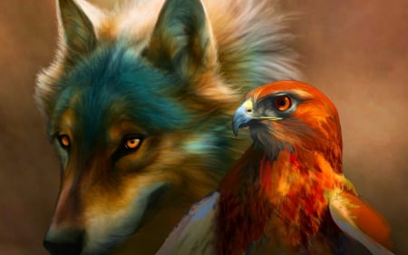 Friends - bird, art, animals, wolf