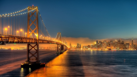 fabulous frisco bay bridge hdr - city, fog, hdr, bay, bridge, lights