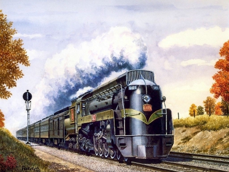 Lima Locomotive Pulling the Maple Leaf - train, autumn, railways, artwork, steam