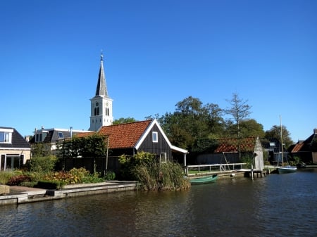 Village - village, houses, church, photography, water