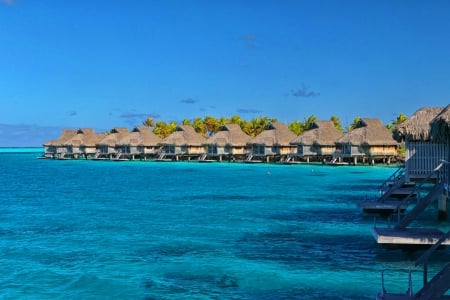 Bora Bora Water Bungalows - beach, paradise, water, bungalows, polynesia, bora bora, lagoon, holiday, sand, ocean, islands, tropical, exotic, luxury, blue, villas, island, sea, tahiti