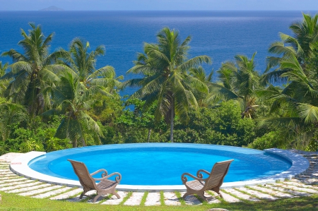 Round Swimming Pool with Sea View - trees, paradise, polynesia, round, view, holiday, ocean, islands, swimming, tropical, palm, exotic, jacuzzi, island, spa, south pacific, pool, sea