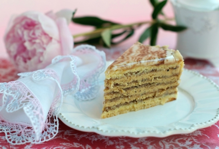 *** Delicious cake and pink peony *** - flowers, peony, food, cake, flower