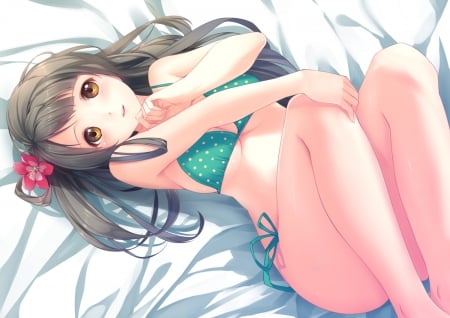 Chillaxing - bed, chillax, lady, white, pretty, bikini, anime, green, cute