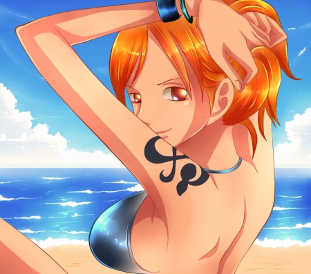 Nami on beach - OP - one, anime, beach, hot, orange, body, nami, piece, manga, bikini, pose, sexy