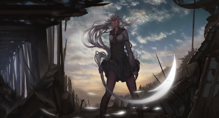 Bakemonogatari - medusa nadeko, scary, creepy, medusa, anime girl, amazing, sinister, dark, manga, bakemonogatari, nadeko, long hair, mean, beautiful, uniform, serious, beauty, sky, emotional, angry, black, red eyes, pretty, clouds, anime, mad, girl, monogatari, night, weapon, crazy, awesome, nisemonogatari