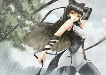 Rwby - pretty, trees, anime, beautiful, girl, drops, beauty, long hair, sweet, black, white, green, rain, cute, ribbons