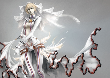 Fate Stay Night - beauty, sexy, girl, warrior, long hair, white, grey, pretty, red, anime, sweet, cute, blonde