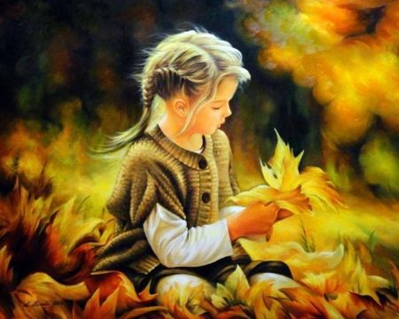 Autumn Girl - yellow, autumn, girl, cute, art, sitting, leaves