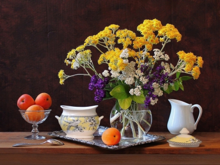 Still Life - abstract, fruits, bowl, apricots, flowers, sugar, still life, tray