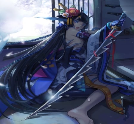 Dragon Rain - beauty, black, white, purple, window, pretty, katana, anime, sword, kimono, cute, girl, light, long hair, blue, beautiful, flowers