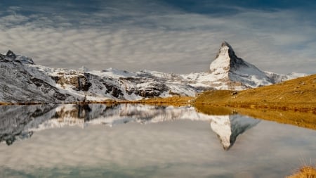 the matterhorn reflected in a lake - lake, mountains, reflection, alps