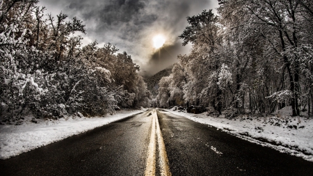 magical sky over blacktop road in winter - sky, forest, winter, road, clouds, blacktop